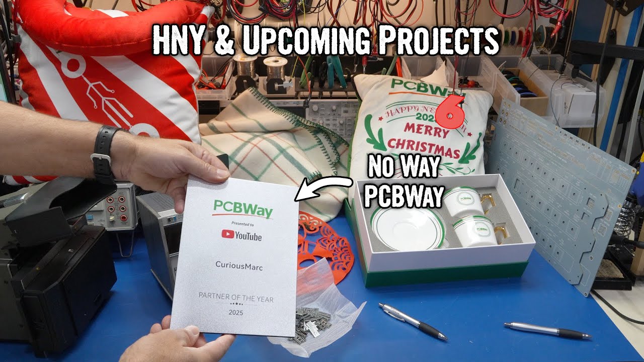 YouTube post by @CuriousMarc for PCBWay. Caption reads: [...] upcoming projects, and an award from PCBWay.
