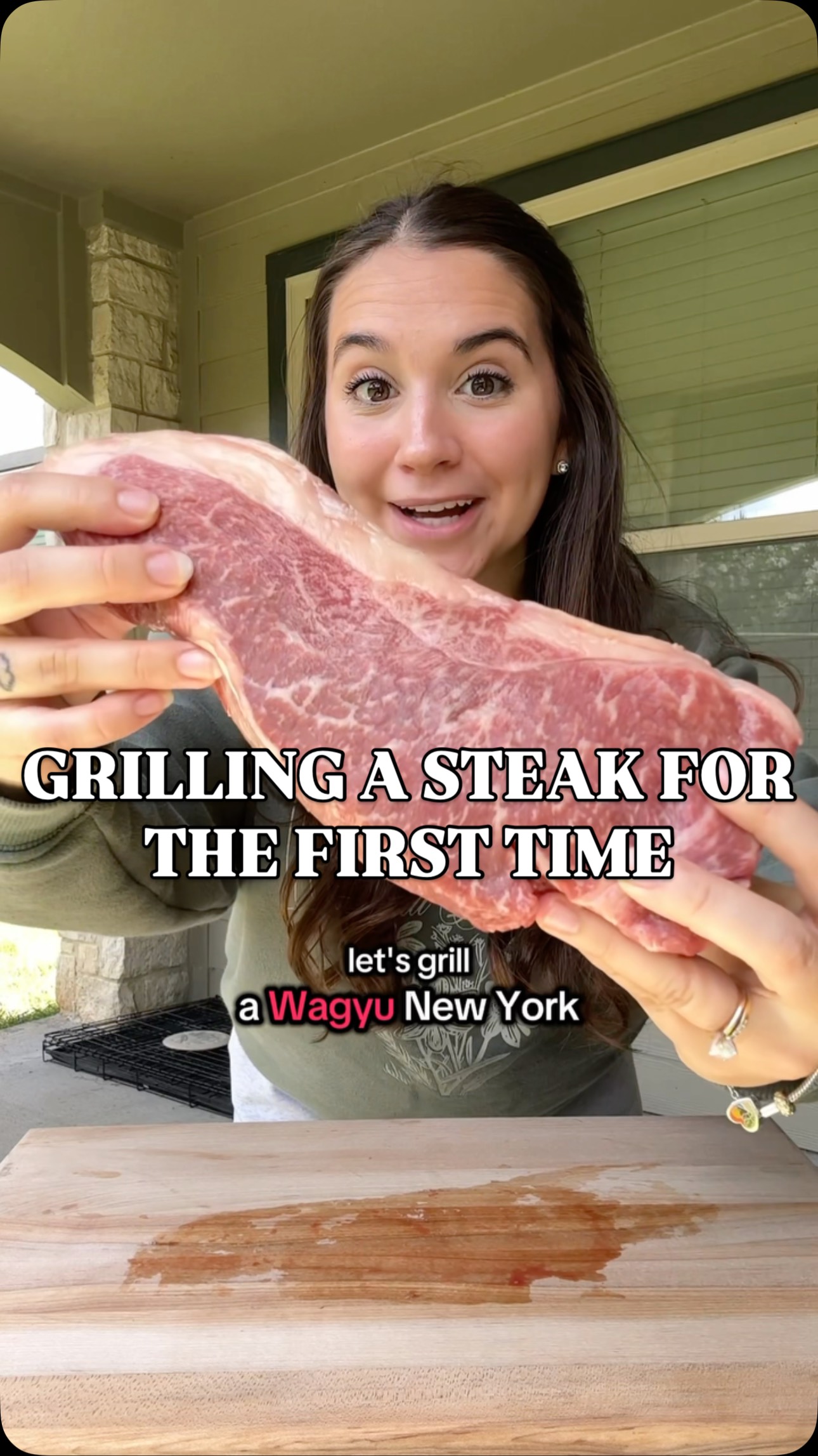 Instagram post by @gracekellyanneats for Traeger Grills. Caption reads: [...] A STEAK FOR THE FIRST TIME 🥰 @traegergrills....