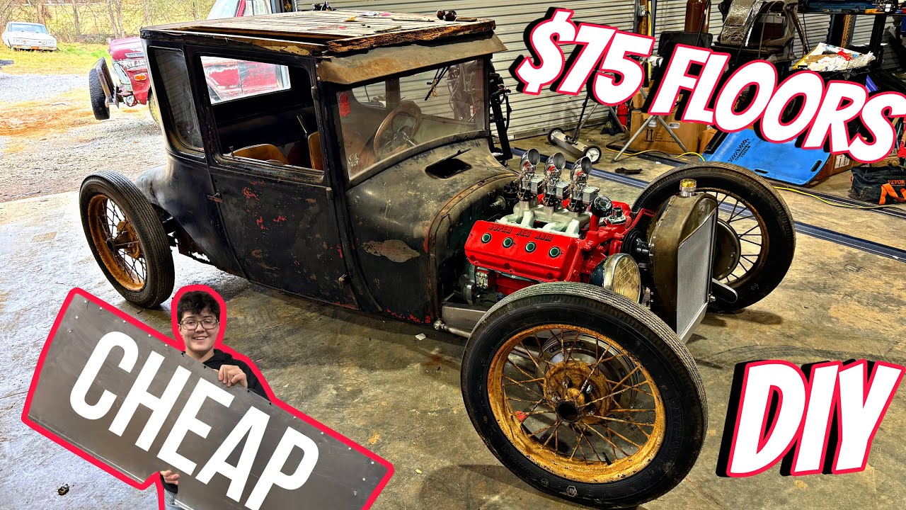 YouTube post by @Sleeperdude for Thrive Market. Caption reads: $75 Budget DIY Floors 27 Model T Coupe Build..