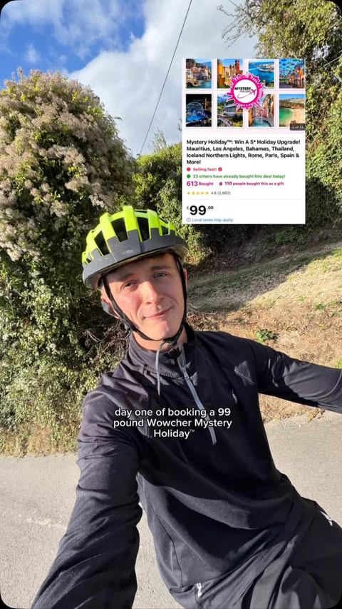 Instagram post by @henryoscarmoores for Wowcher. Caption reads: [...] to go on my £99 Mystery Holiday #AD @wowcher.