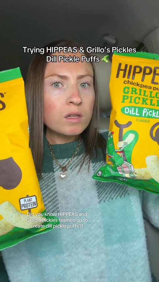 Instagram post by @morganchomps for Hippeas. Caption reads: #hippeaspartner HIPPEAS x Grillo’s Dill Pickle....