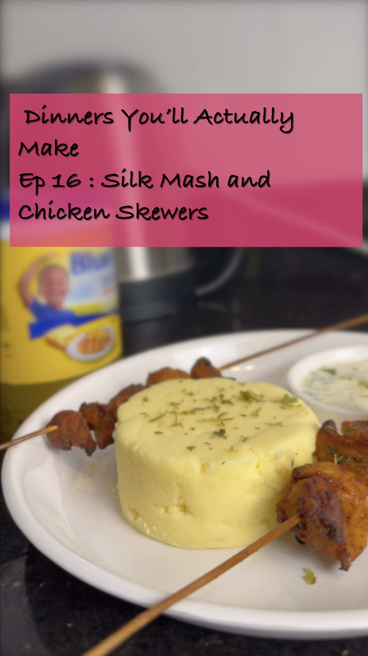 TikTok post by @whitneywangari for MS-DRWIKEY. Caption reads: Chicken Skewers + Silk Mash What you need: –....