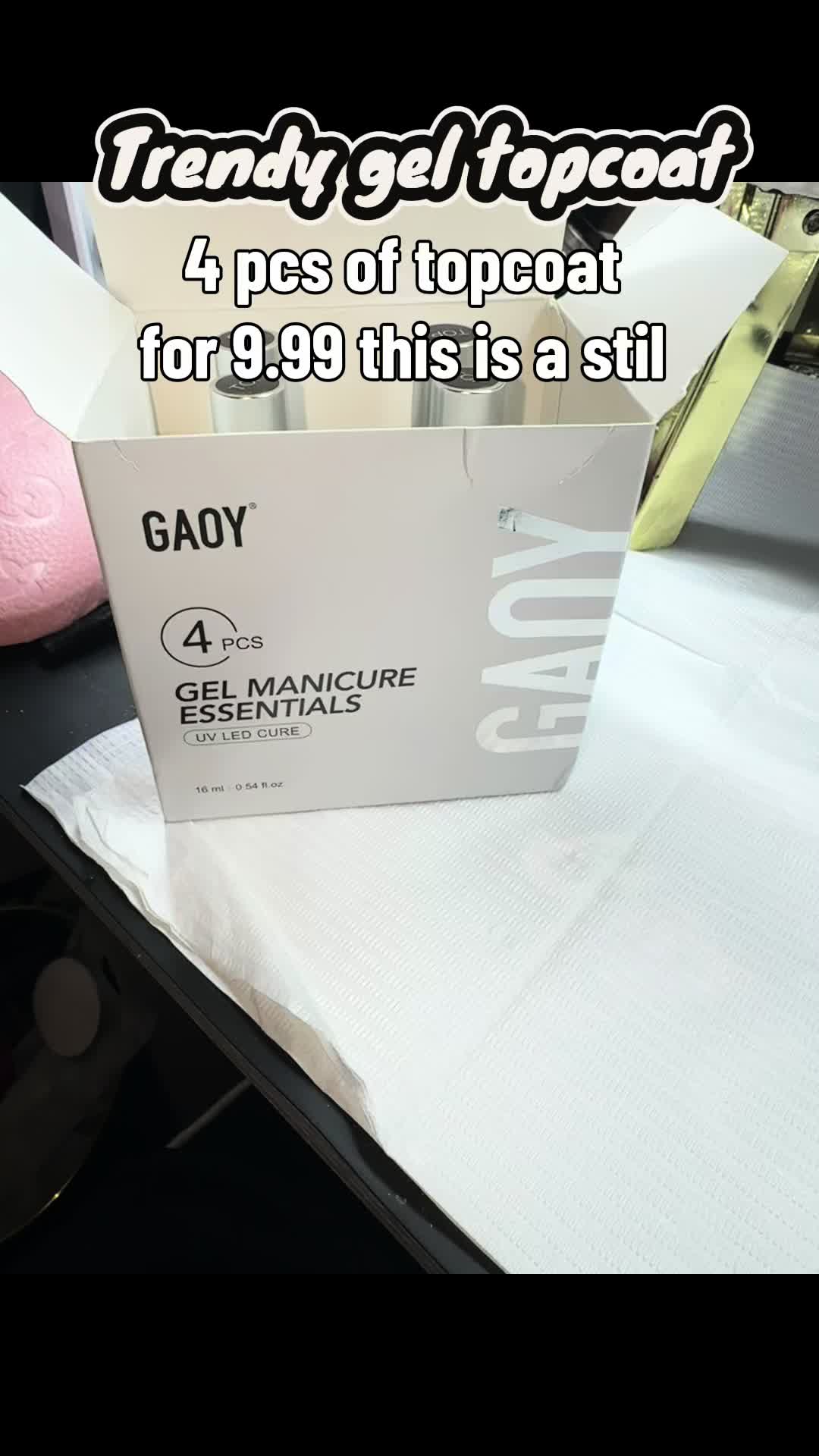 TikTok post by @nailsbyjassy91 for GAOY. Caption reads: Gaoy 4 pcs of topcoat #tiktokshop [...].