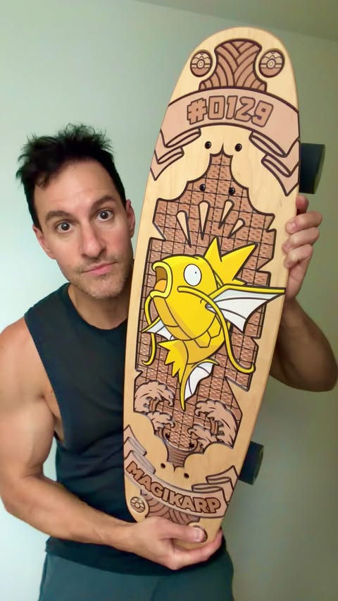 Instagram post by @leonhart for Pokémon. Caption reads: [...] 🛹 Get the Shiny Magikarp skateboard on....