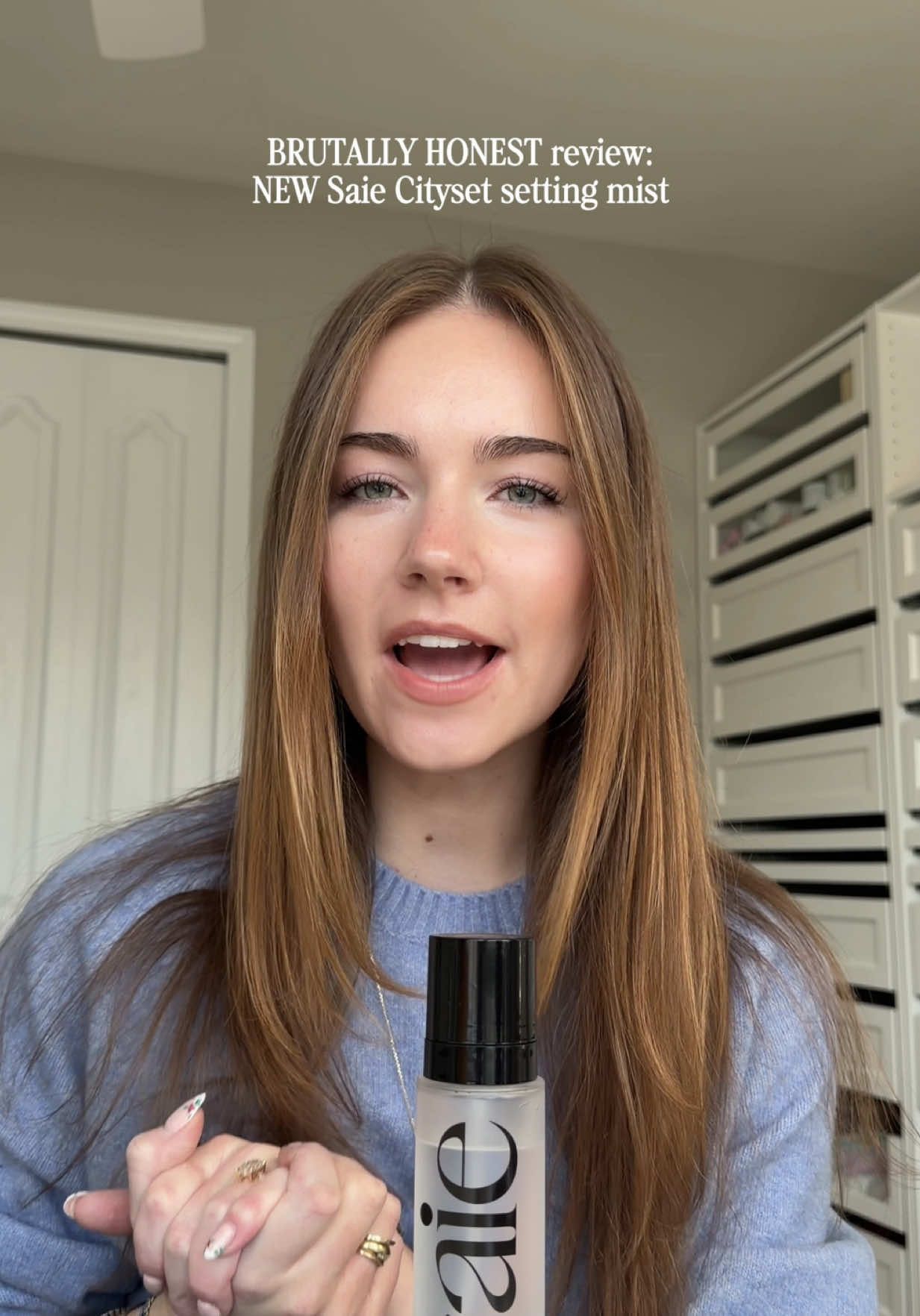 TikTok post by @theglownarrative for Saie hello. Caption reads: The wait was worth it @Saie #settingspray....