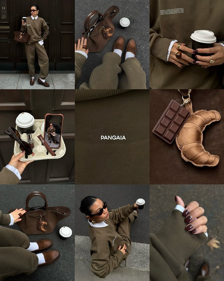 Instagram post by @sybil.tingc for PANGAIA. Caption reads: [...] runs — tracksuit season is here ☕️🤎....