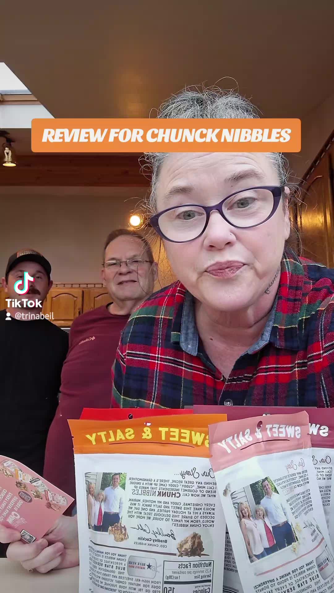 TikTok post by @trinabeil for Chunk Nibbles. Caption reads: These Nibbles Are Delicious!!! @Chunk Nibbles .