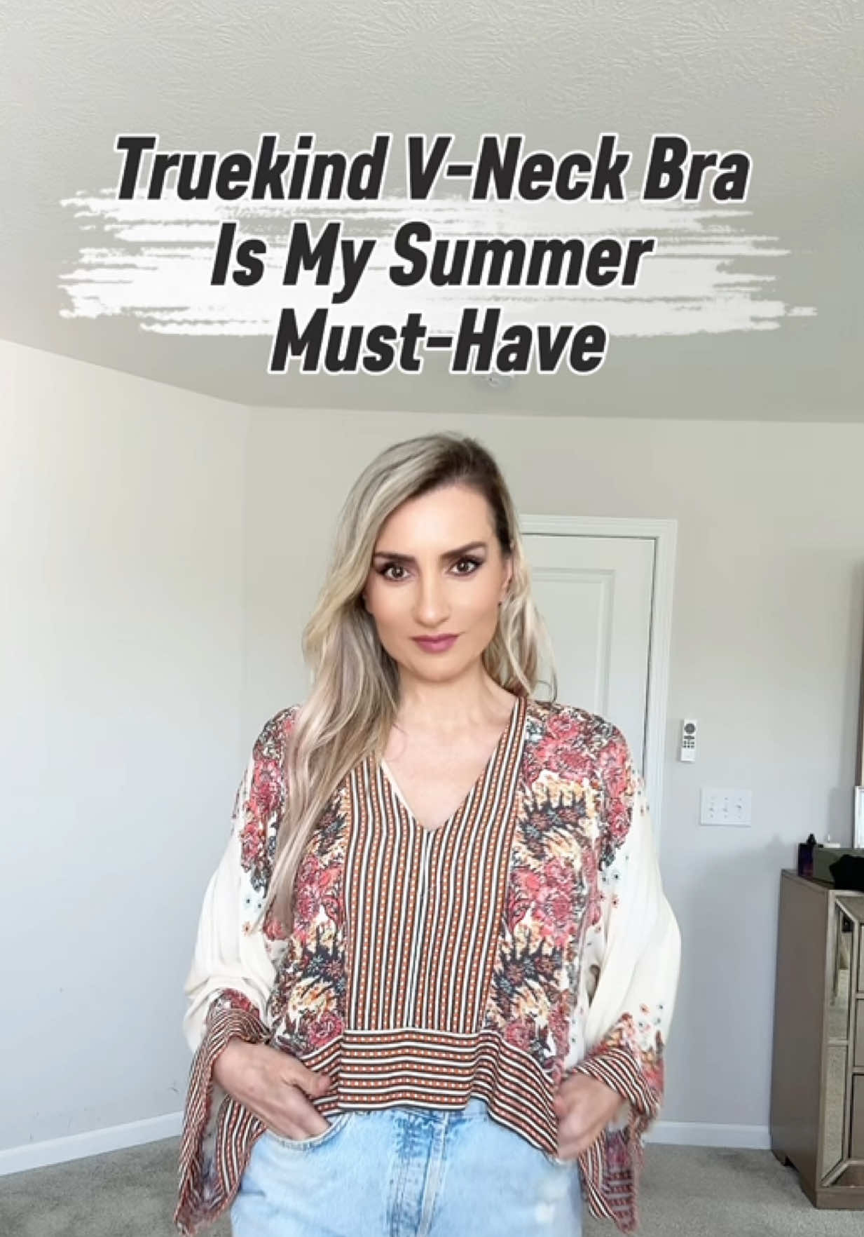 TikTok post by @dileks_journal for Truekind. Caption reads: This V-Neck Bra Is My Summer Must-Have I styled....