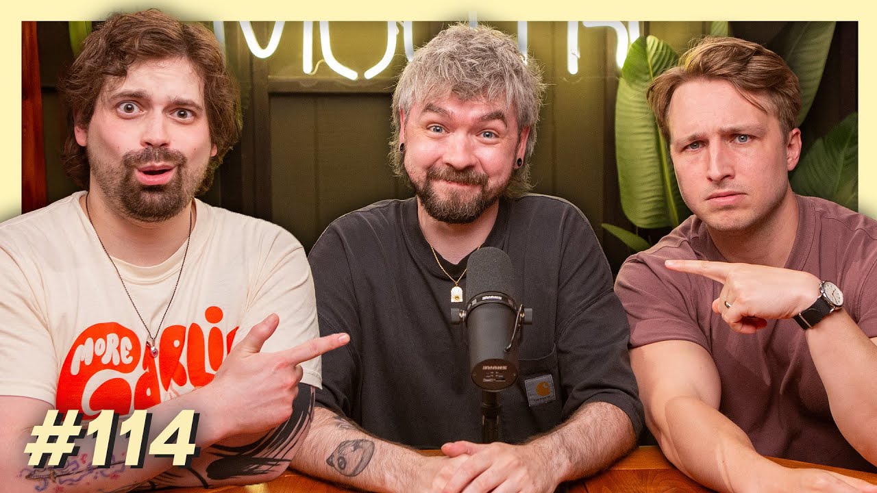 YouTube post by @smoshcast for Smosh. Caption reads: Damien Is Here. Also Jacksepticeye. | Smosh Mouth....