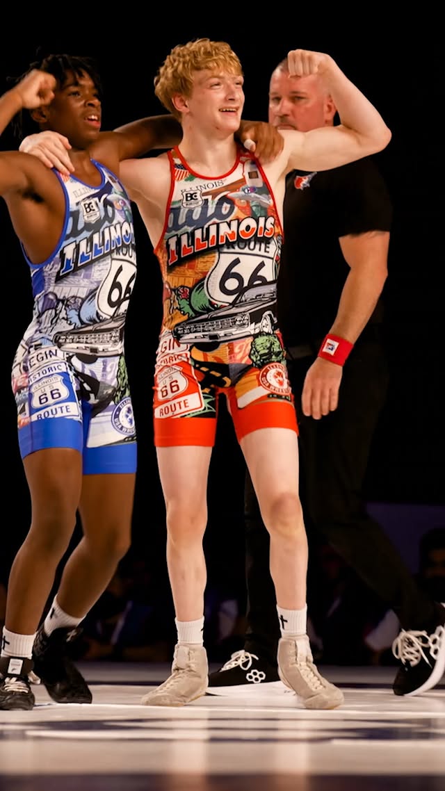Instagram post by @usawrestling for FloWrestling. Caption reads: Still just some Illinois boys 🫶 Michael Rundell....
