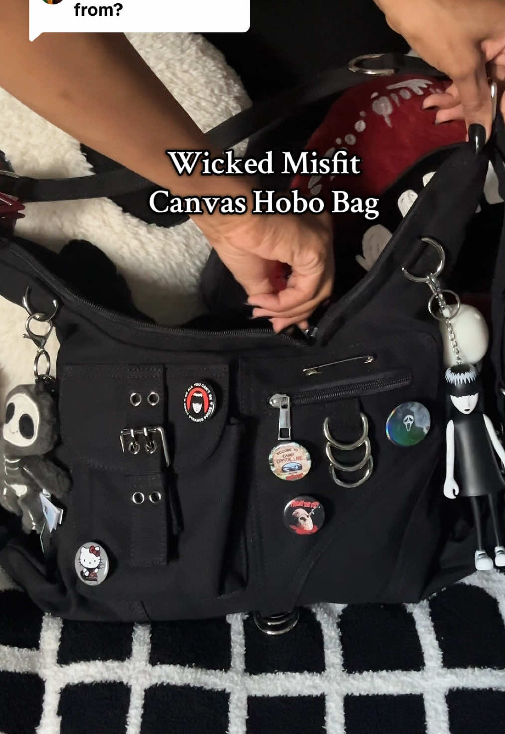 TikTok post by @angelinerichard for Wicked Misfit. Caption reads: Replying to @Pumpkin Wicked Misfit Canvas Hobo Bag....