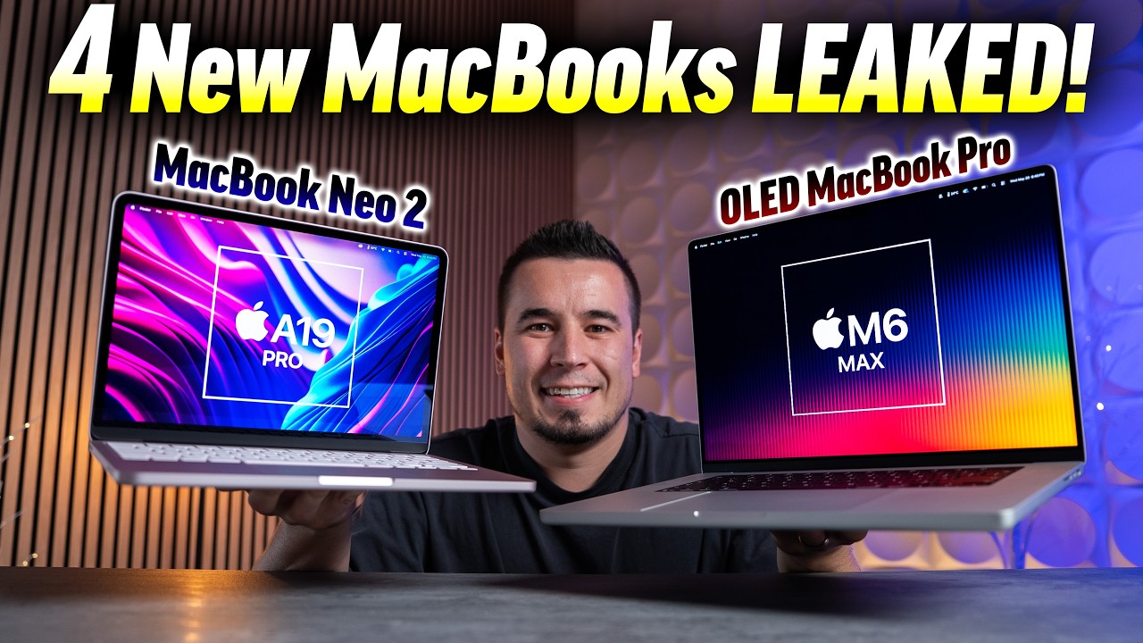 YouTube post by @MaxTechOfficial for B&H EDU Advantage. Caption reads: 4 New MacBooks LEAKED - Game OVER, Windows...