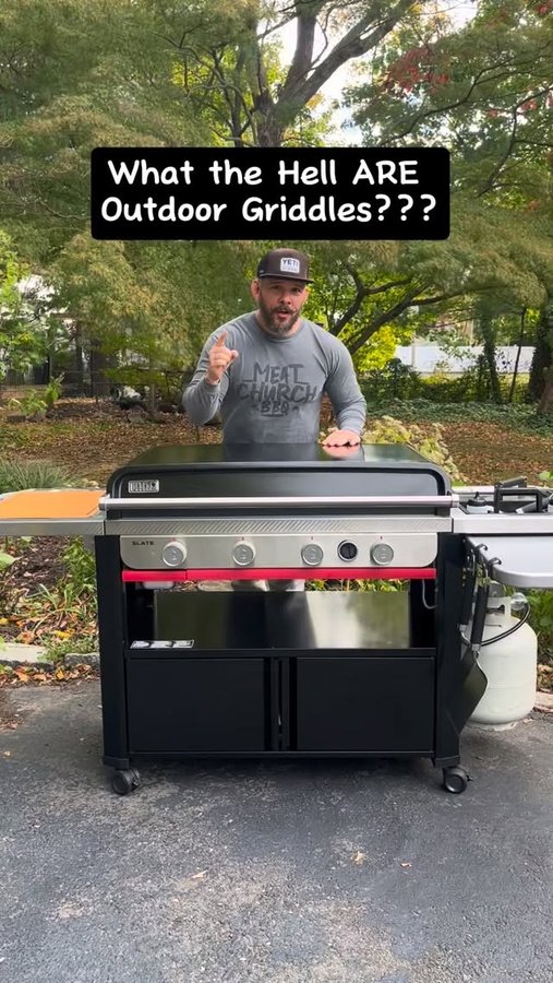 Instagram post by @cast_iron_chris for Weber Grills. Caption reads: Outdoor griddles have become all the rage over the....