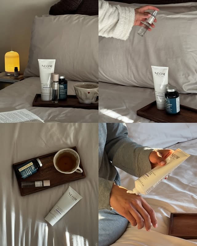 Instagram post by @kavveeta for NEOM. Caption reads: Night time routine with @neomwellbeing Perfect....