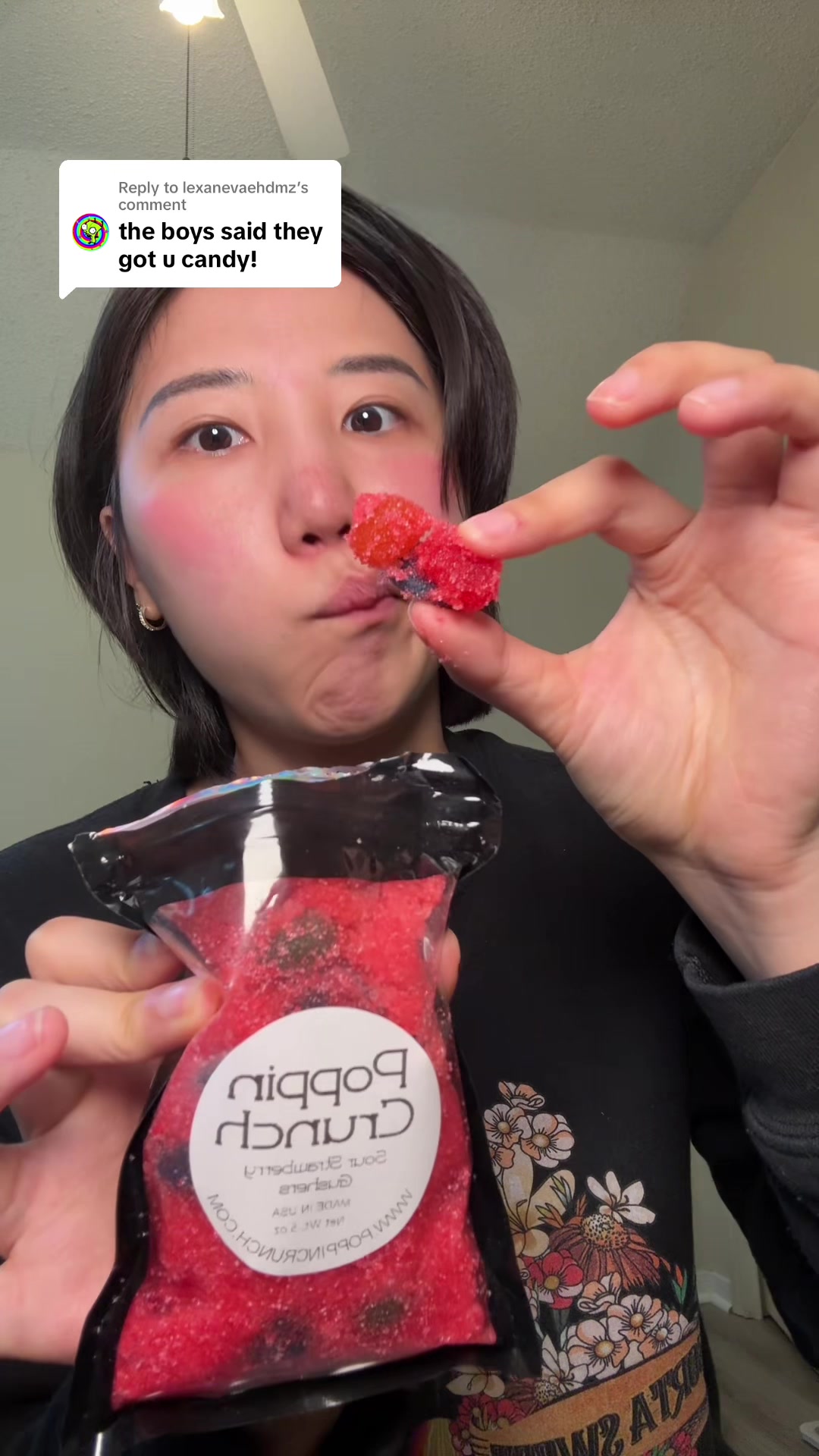 TikTok post by @hannahmao50 for Poppin Crunch. Caption reads: [...] yes they gimme sour gushers from @Poppin....