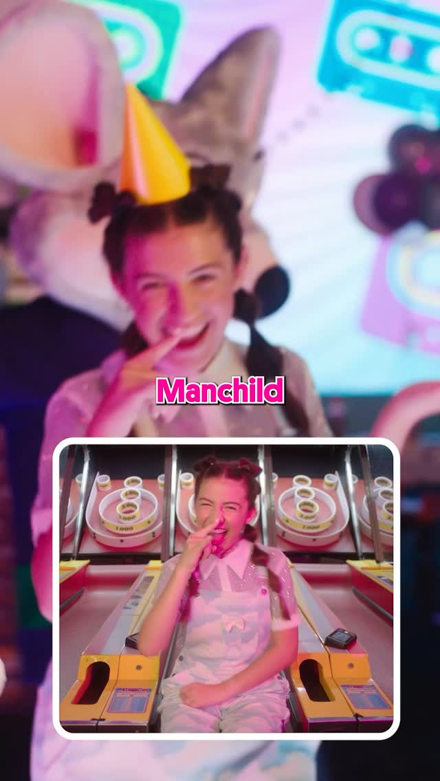Instagram post by @kidzbop for Chuck E. Cheese. Caption reads: Sign along with us to Manchild in ASL 🤟 now on....