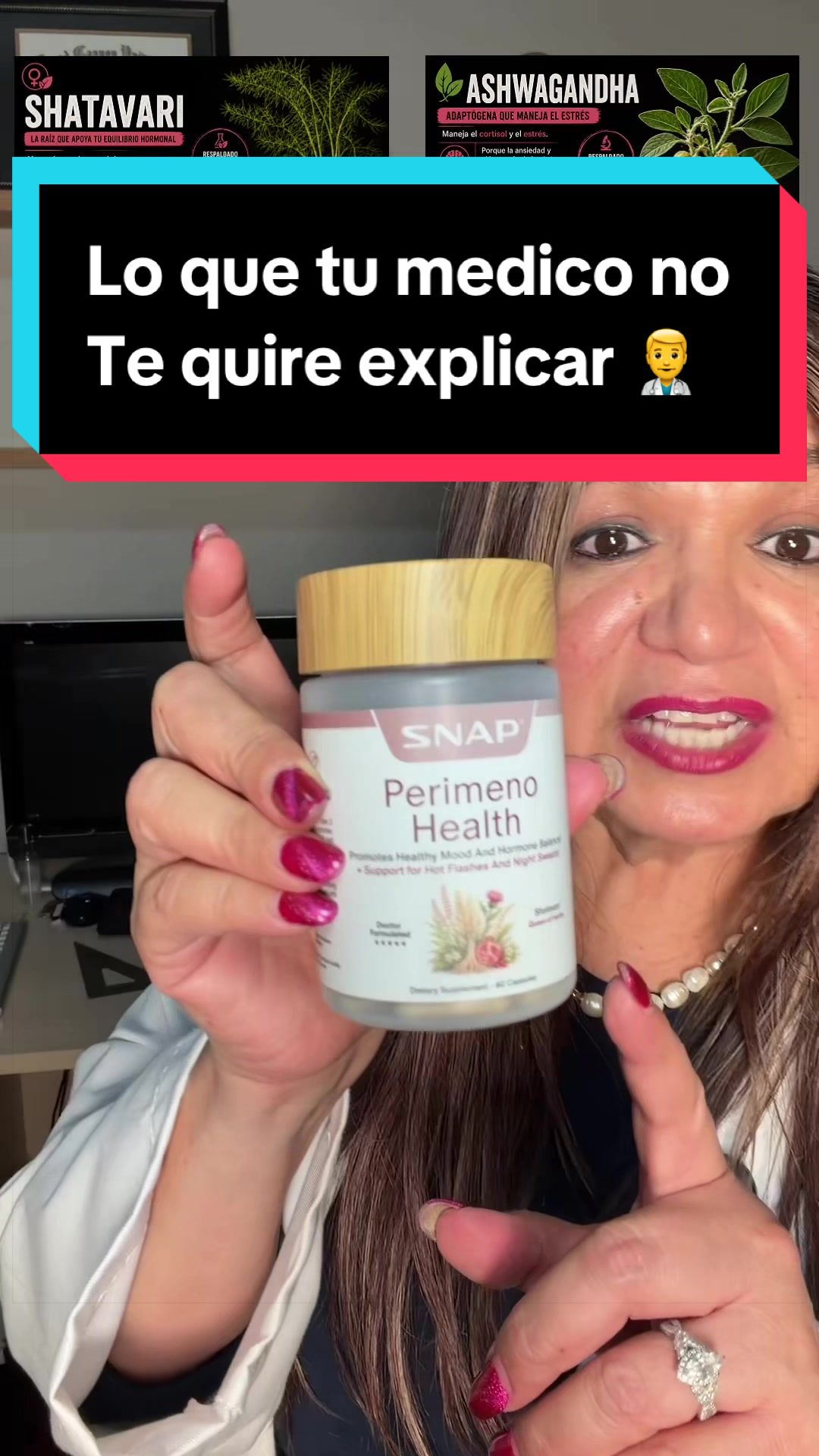 TikTok post by @lilia_latinacreator for Snap Supplements. Caption reads: #perimenopausia #saludlatina #liliafnp #menopausia....