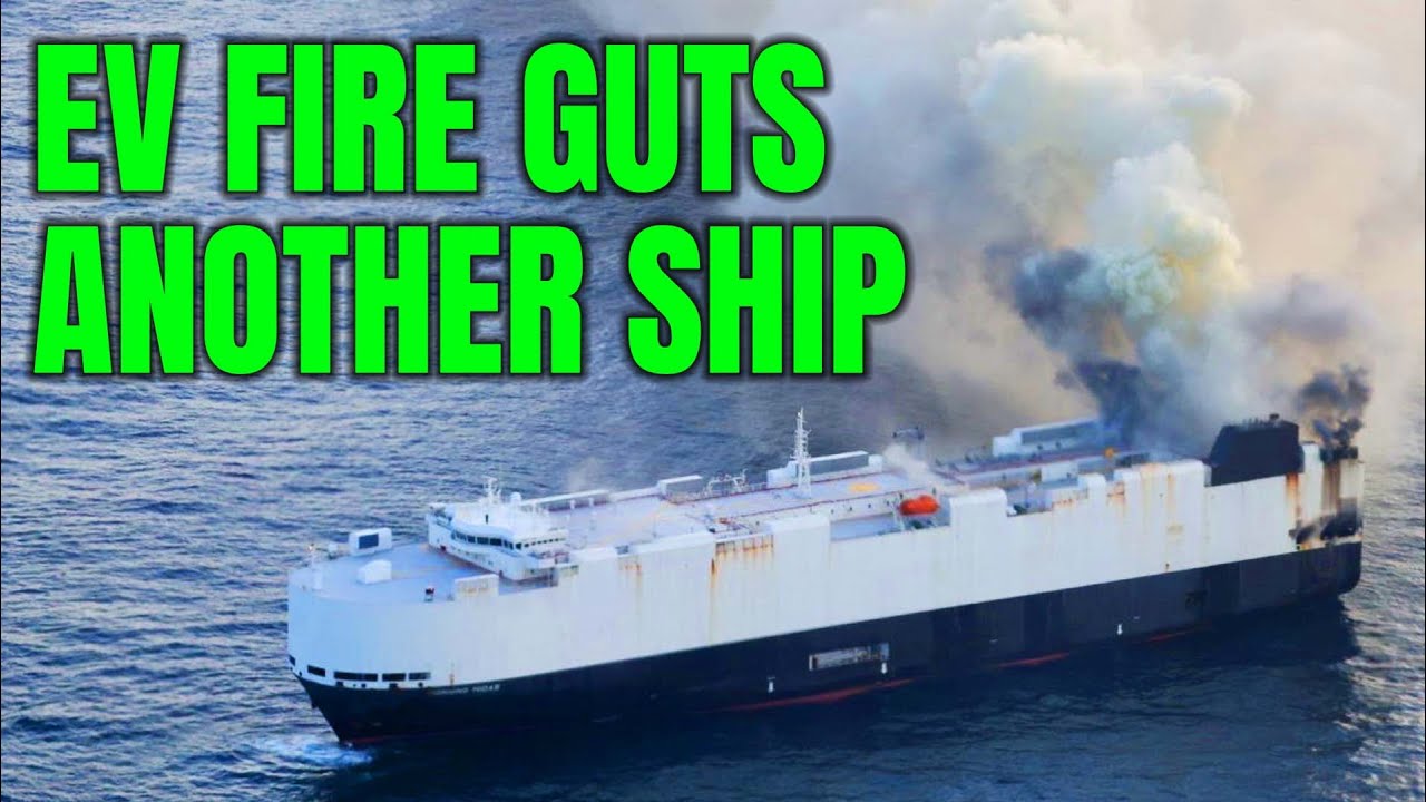 YouTube post by @AutoExpertJC for OLIGHT. Caption reads: A week-long EV fire claims another giant ship |....