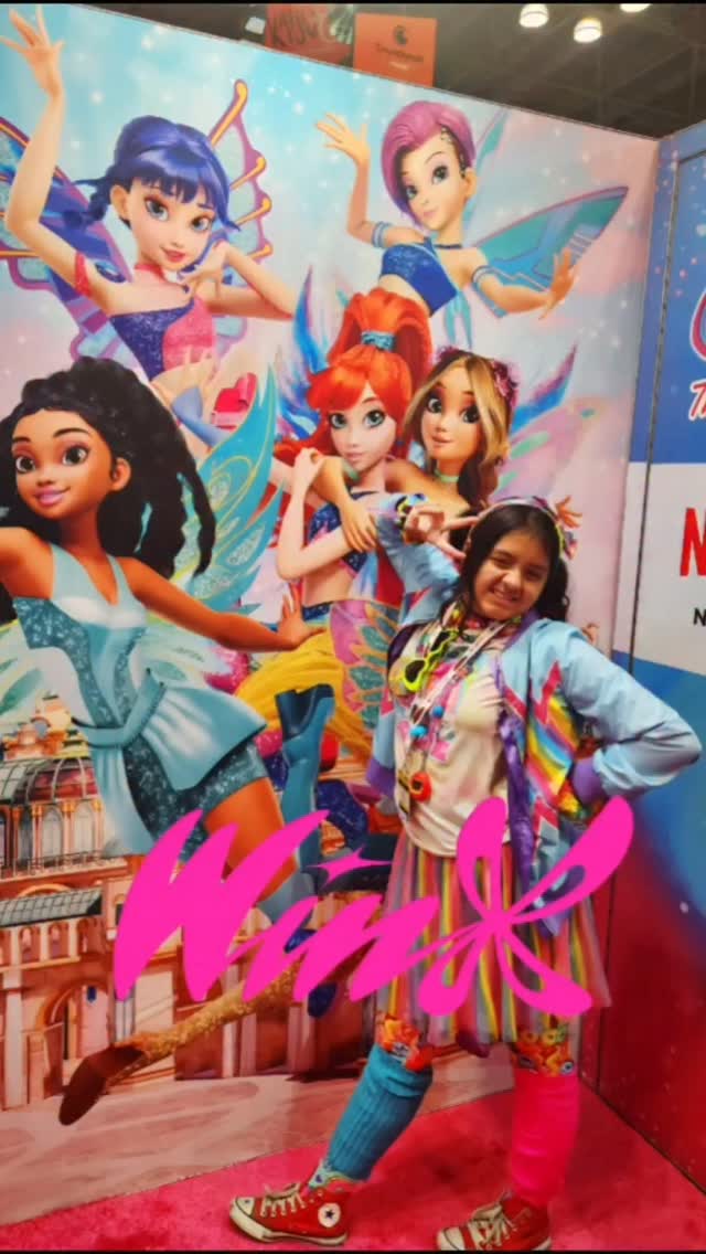 Instagram post by @therainbowfamilyfun for Netflix Family. Caption reads: We got sparkled up at the @winx booth at NYCC and....
