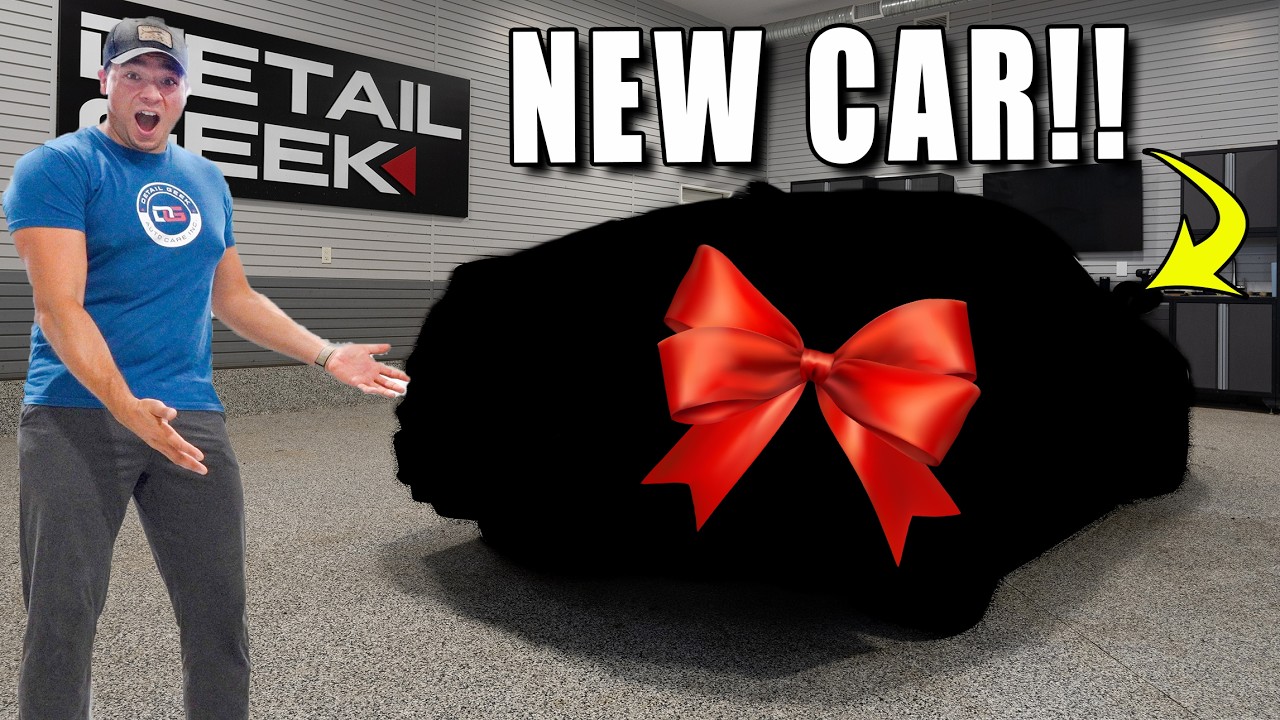 YouTube post by @TheDetailGeek for BendPak. Caption reads: I Bought a BRAND NEW Car!! | First Detail + New....
