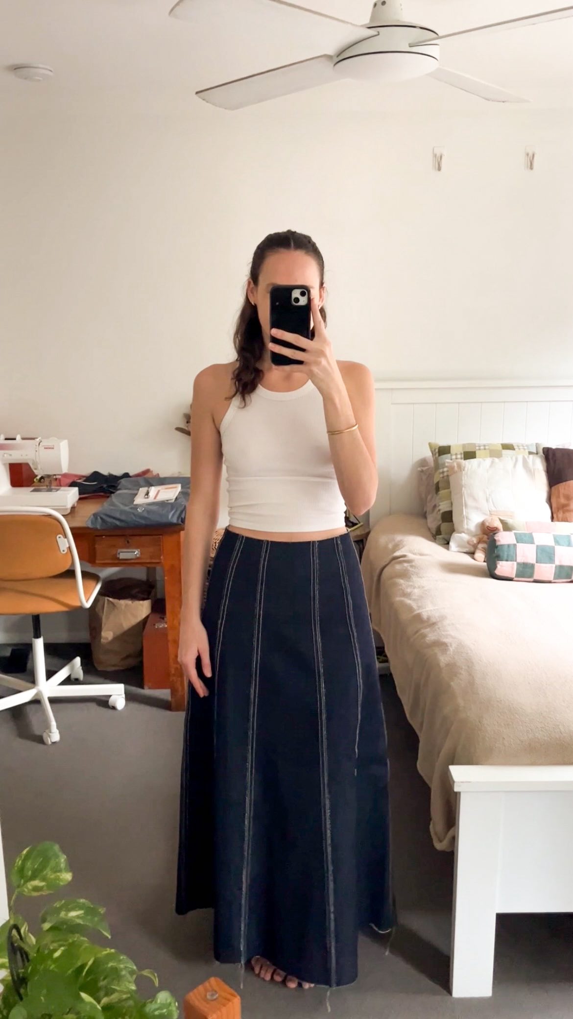 Instagram post by @georgias_portfolio for The Fabric Store. Caption reads: 🫐🧢🥣 this sewing pattern #gpaliskirt....