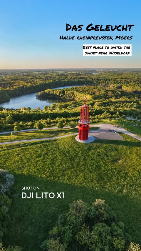 Instagram post by @traveller.james for DJI. Caption reads: BEST sunset viewing spot near Düsseldorf- SAVE....