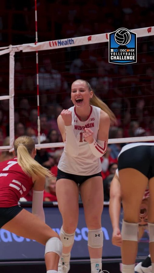 Instagram post by @volleyballworldusa for Discover. Caption reads: Mimi Colyer led the Badgers with a game-high....