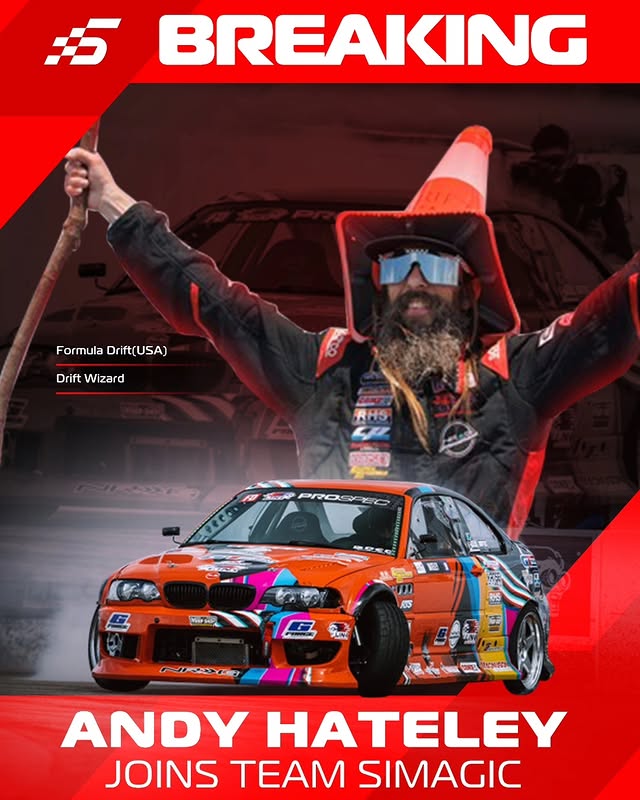 Instagram post by @hateleydrift for Simagic. Caption reads: SIMAGIC would like to welcome Formula Drift Pro....