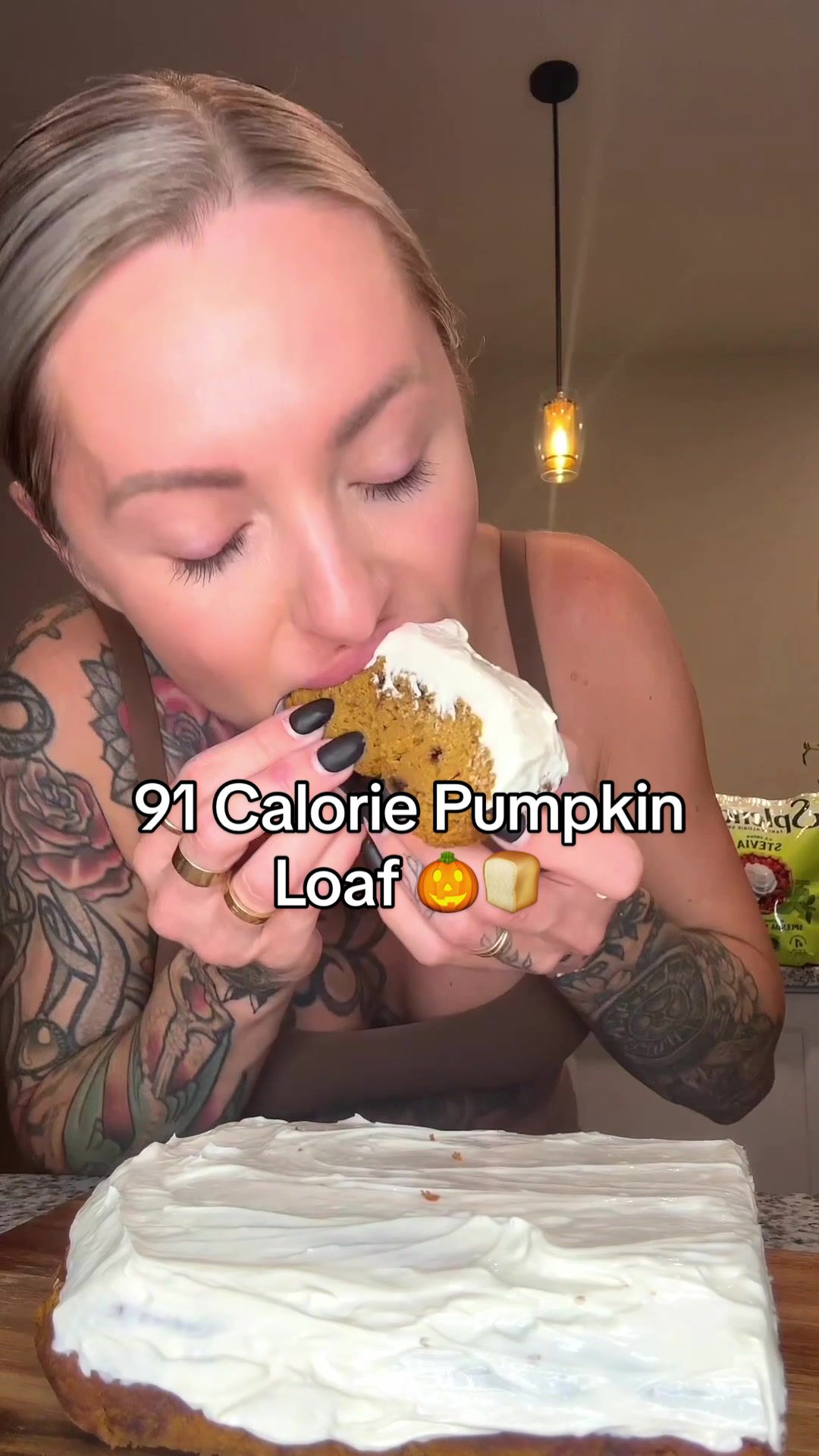 TikTok post by @trainwithshay for Splenda. Caption reads: 91 calorie pumpkin loaf 🎃🍞 ft @Splenda #ad....