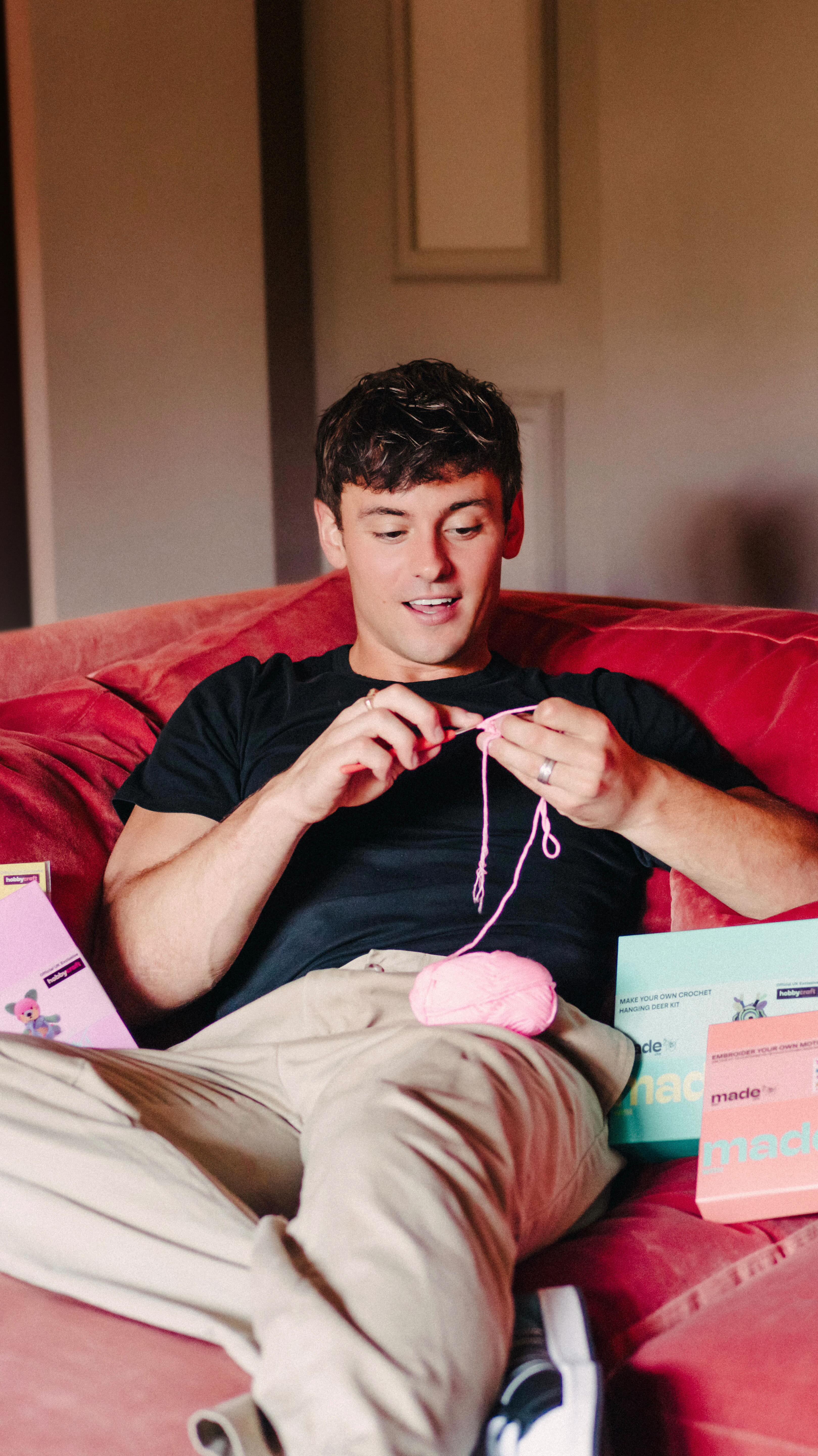 Instagram post by @tomdaley for Hobbycraft. Caption reads: MY NEW HOBBYCRAFT KITS ARE OUT NOW 🥳 

🧶 Cute....