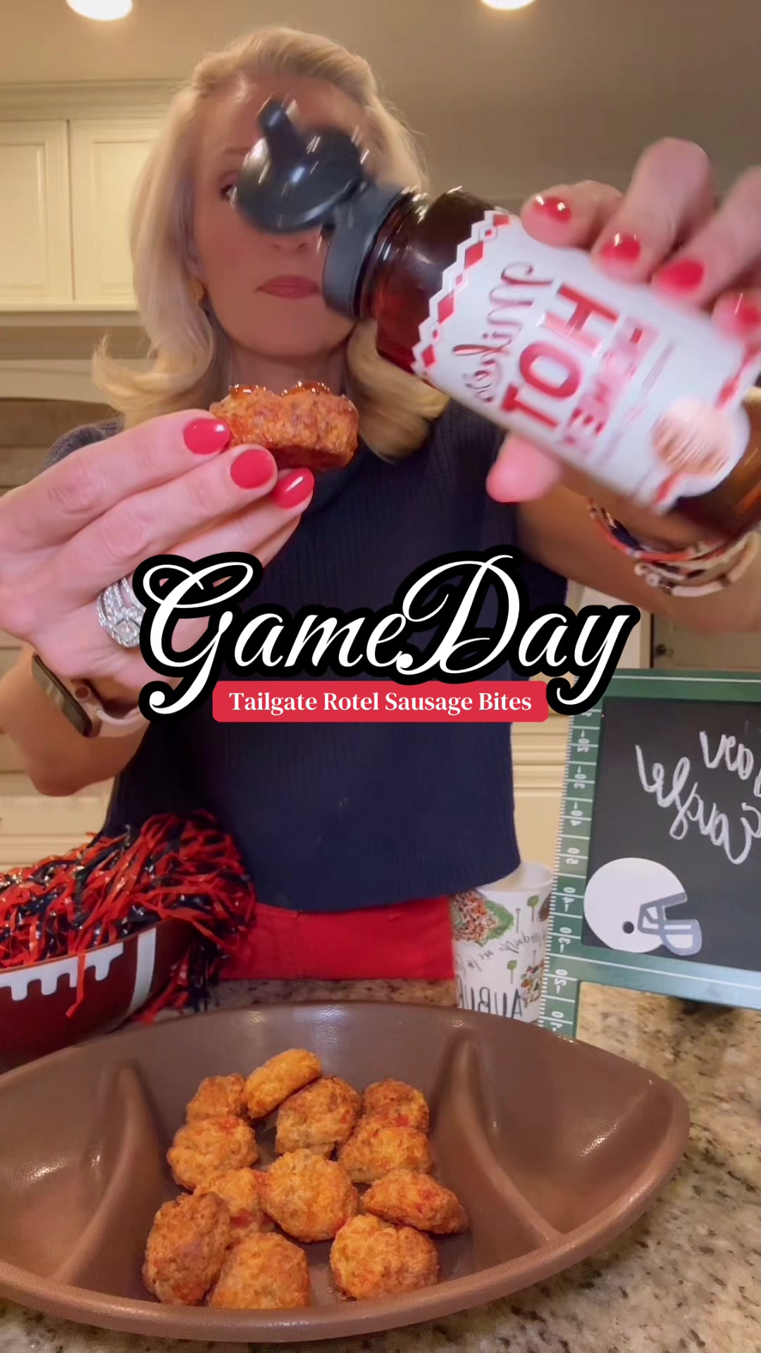TikTok post by @floridasunshiningonyou for Mike's Hot Honey. Caption reads: Best GameDay Tailgate recipe! Rotel sausage bites....
