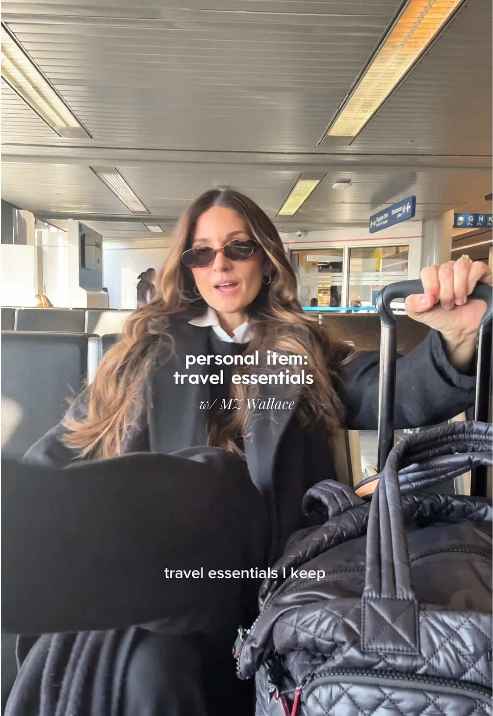 TikTok post by @jackiecamardo for MZ Wallace. Caption reads: My travel non-negotiables: the @MZ Wallace Large....