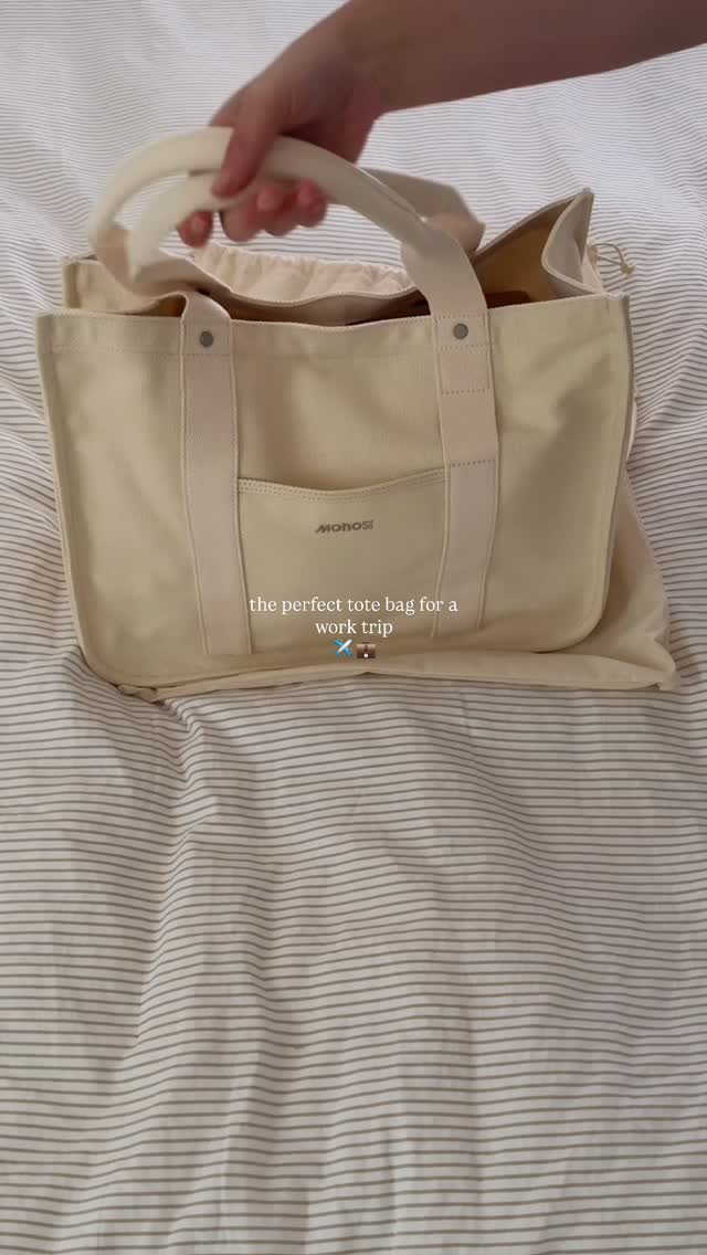 Instagram post by @alexajustinee for Monos. Caption reads: The @monostravel Gesso Tote is my ideal bag when....