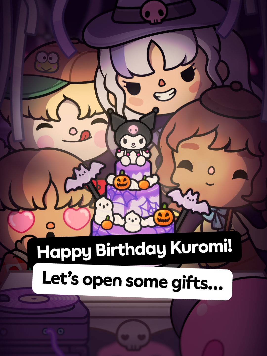 TikTok post by @tocaboca for Hello Kitty. Caption reads: It’s Kuromi’s Birthday, but YOU got some gifts....