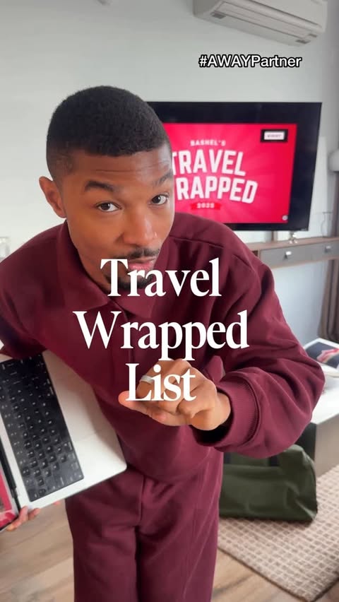 Instagram post by @king_bashel for Away. Caption reads: My Travel Wrapped List 🧳 with @away ! What are....
