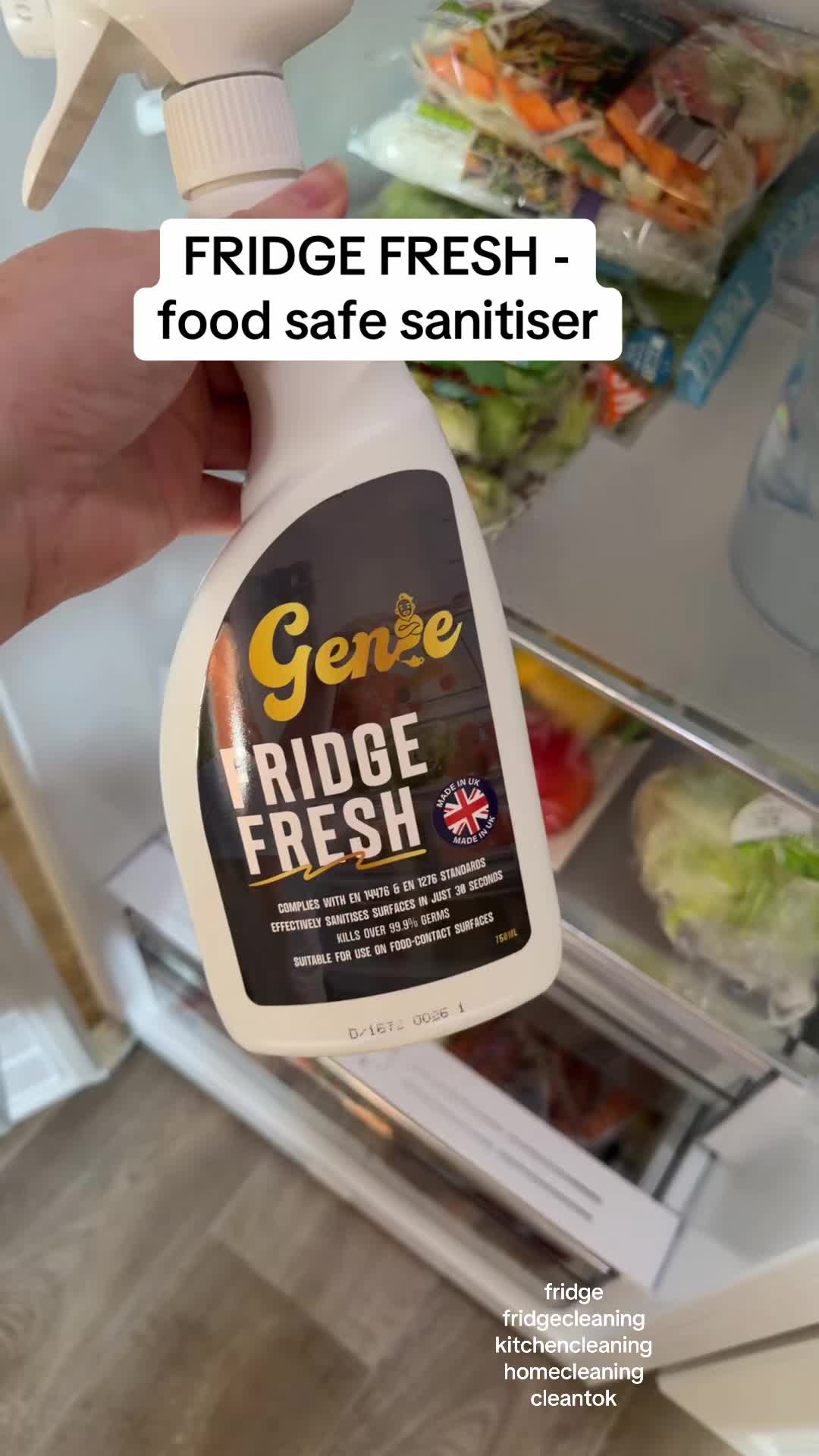 TikTok post by @korynsbeauti for Genie Clean. Caption reads: @Genie Clean FRIDGE FRESH - food safe sanitiser....
