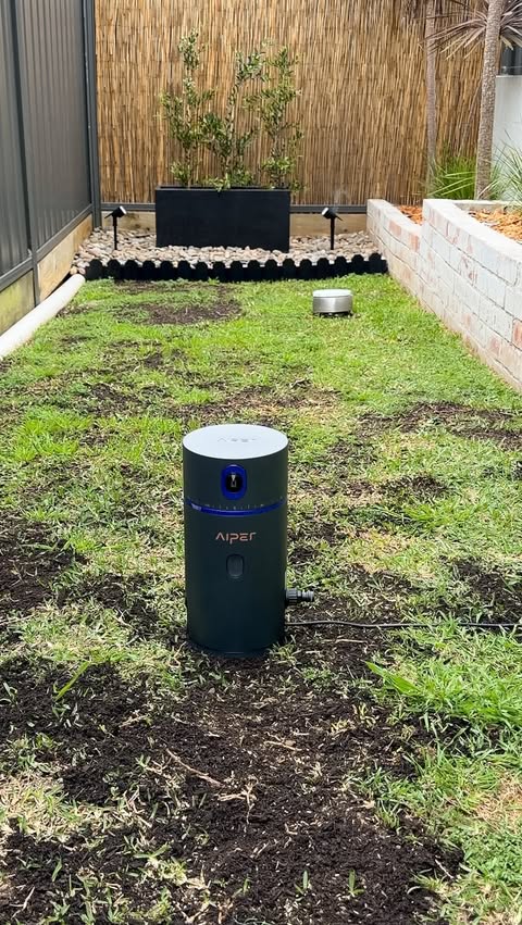 Instagram post by @home.style.by.tiff for Aiper. Caption reads: [...] bring our lawn back to life 🌱 and the....