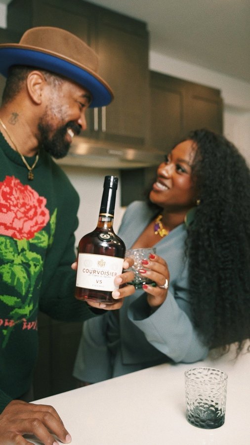 Instagram post by @monicastylemuse for Courvoisier. Caption reads: [...] you know it’s only right we pour up....