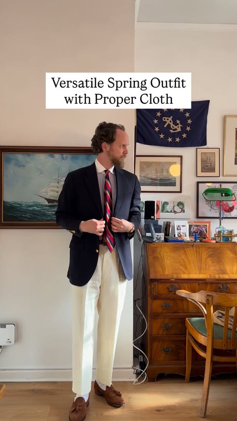 Instagram post by @happypreppy for Proper Cloth. Caption reads: [...] The changing temperatures of spring…....