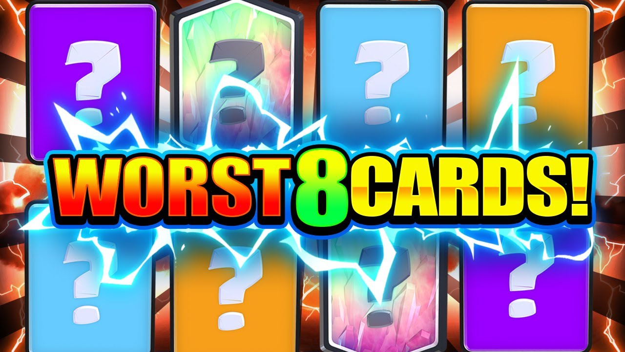 YouTube post by @clashwithshane for Champion. Caption reads: THESE ARE THE WORST 8 CARDS IN CLASH ROYALE NOW!......