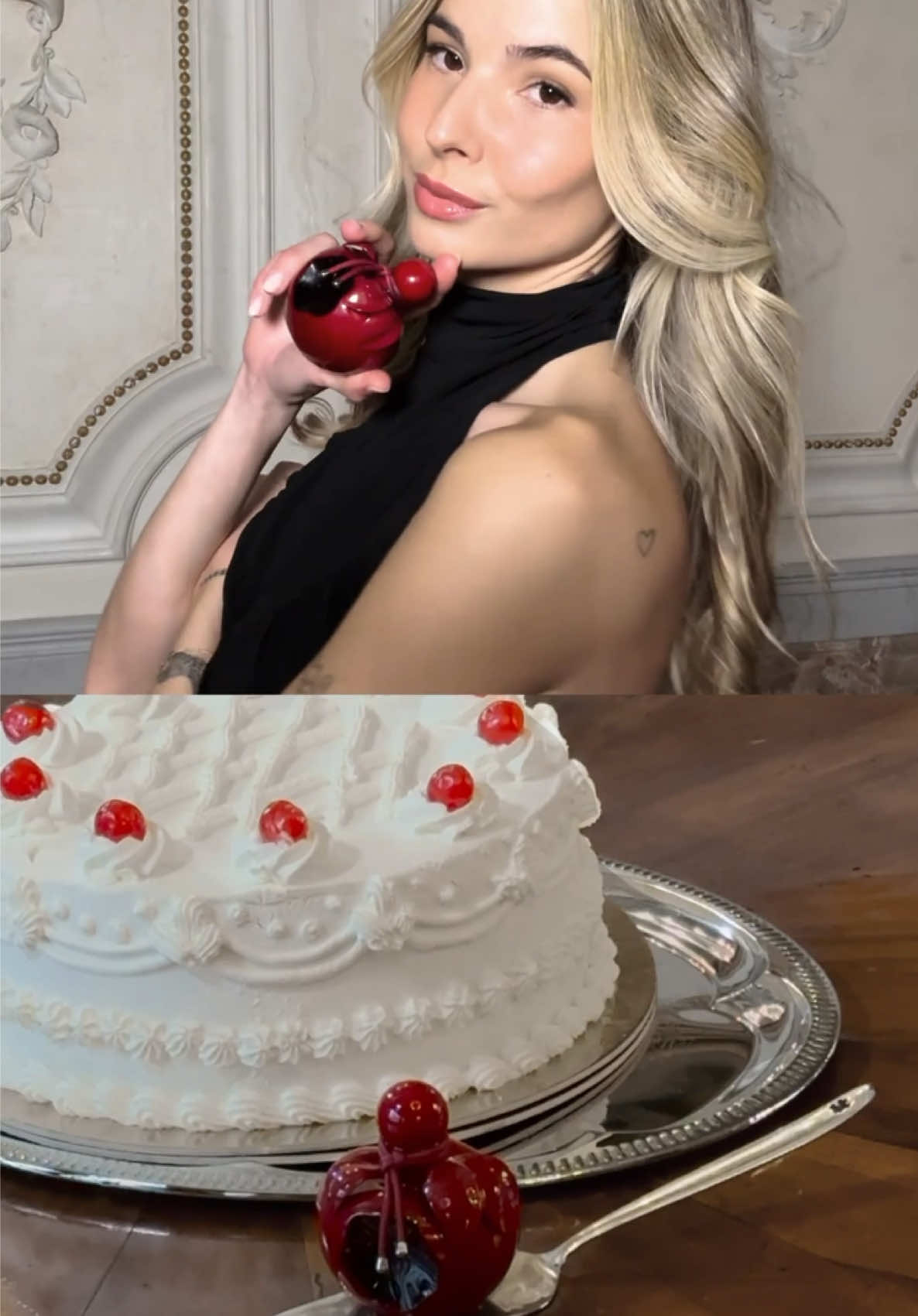 TikTok post by @laurabrunet2 for NINA RICCI. Caption reads: [...] needs a scent with a vibe🍒✨ mine’s @Nina....