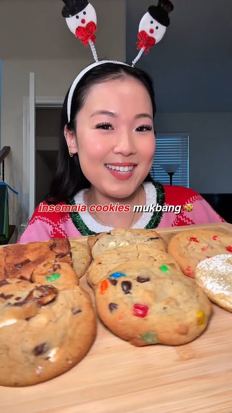 Instagram post by @irene.y.kim for Insomnia Cookies. Caption reads: stole santa’s cookies with @insomniacookies new....