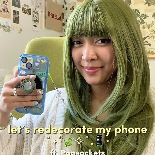Instagram post by @cozy.tealeaf for PopSockets. Caption reads: phone decoration idea: blue x green🍵🧊✨....