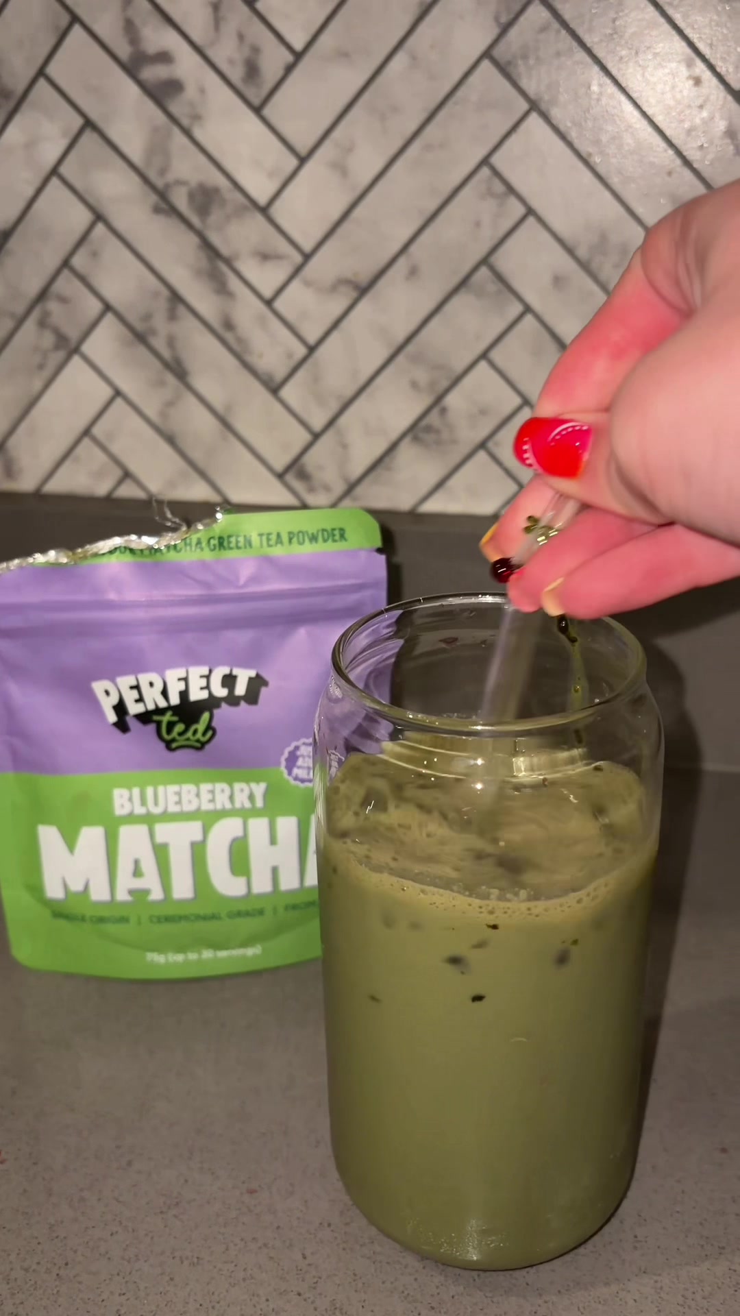 TikTok post by @jodiemiax for PerfectTed. Caption reads: @PerfectTed my new fave 😍😍🫐🫐 #matcha [...].