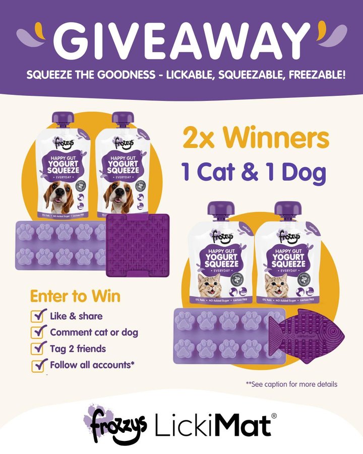 Instagram post by @lickimat.uk for Frozzys. Caption reads: [...] 🐾 📲 Share to your story 👣 Follow....