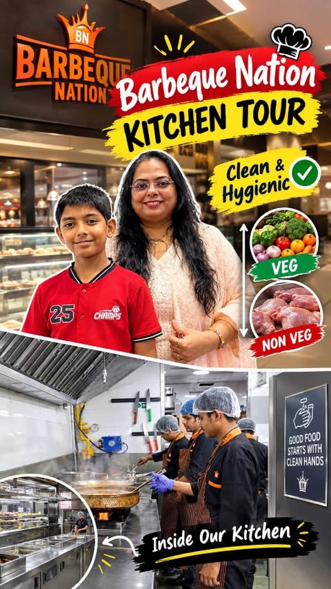 Instagram post by @beingmomsana for Barbeque Nation. Caption reads: [...] your favourite food is prepared at Barbeque....