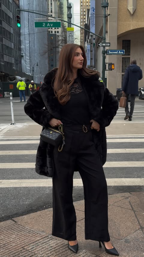 Instagram post by @bethwilliamsstyle for Forever New. Caption reads: [...] fur coat > anything else 🖤 full fit....