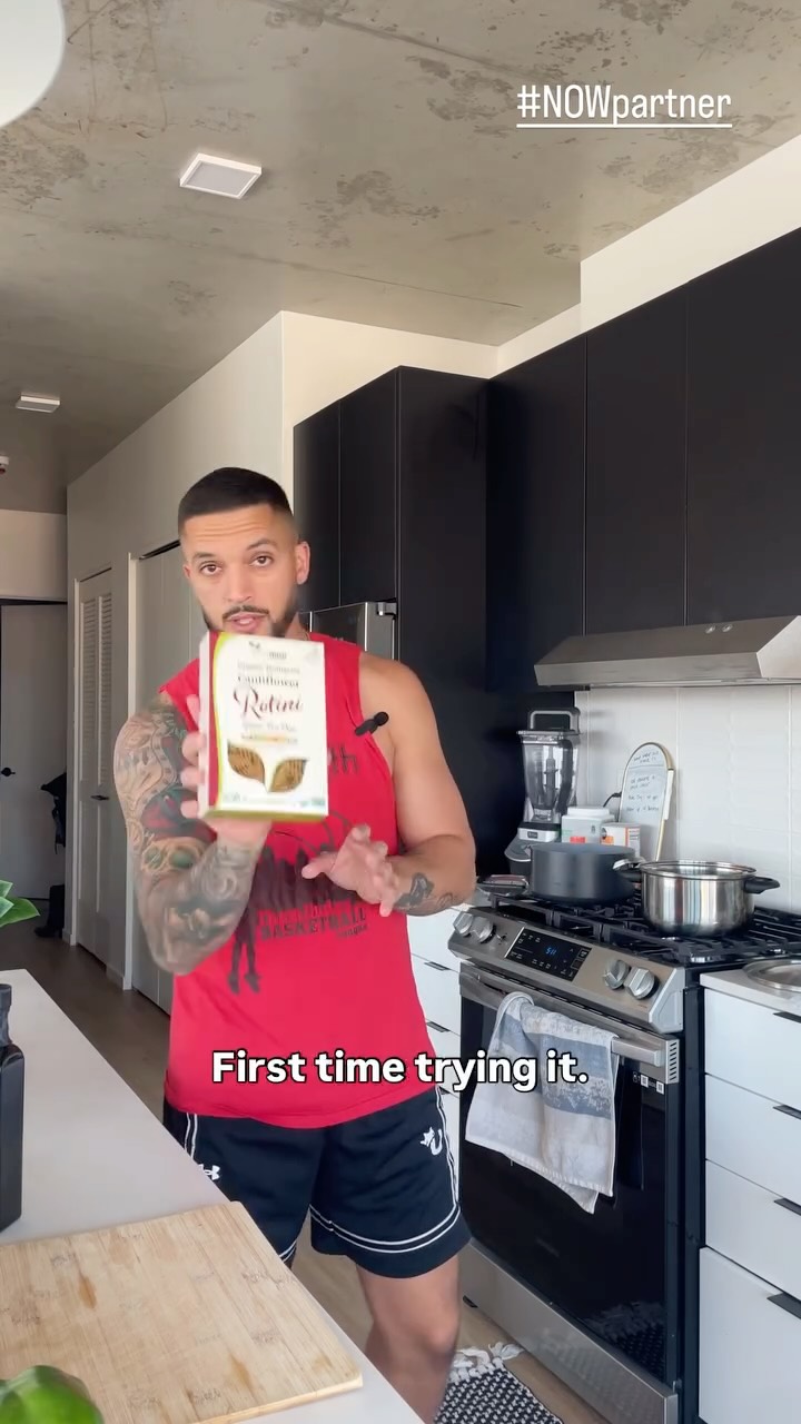 Instagram post by @nooch_13 for NOW Foods. Caption reads: Cauliflower rotini + high‑heat sear = weeknight....