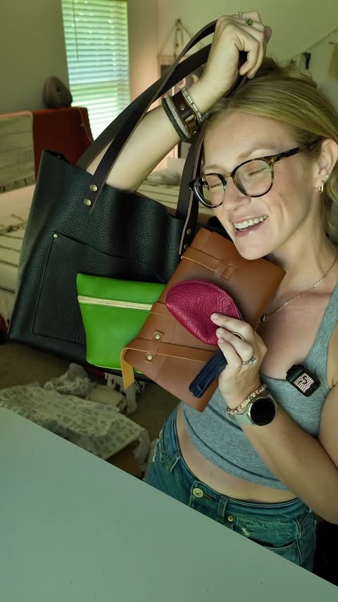 Instagram post by @cindellkimbrough for Portland Leather Goods. Caption reads: my new job should be unboxing mystery boxes. One a....