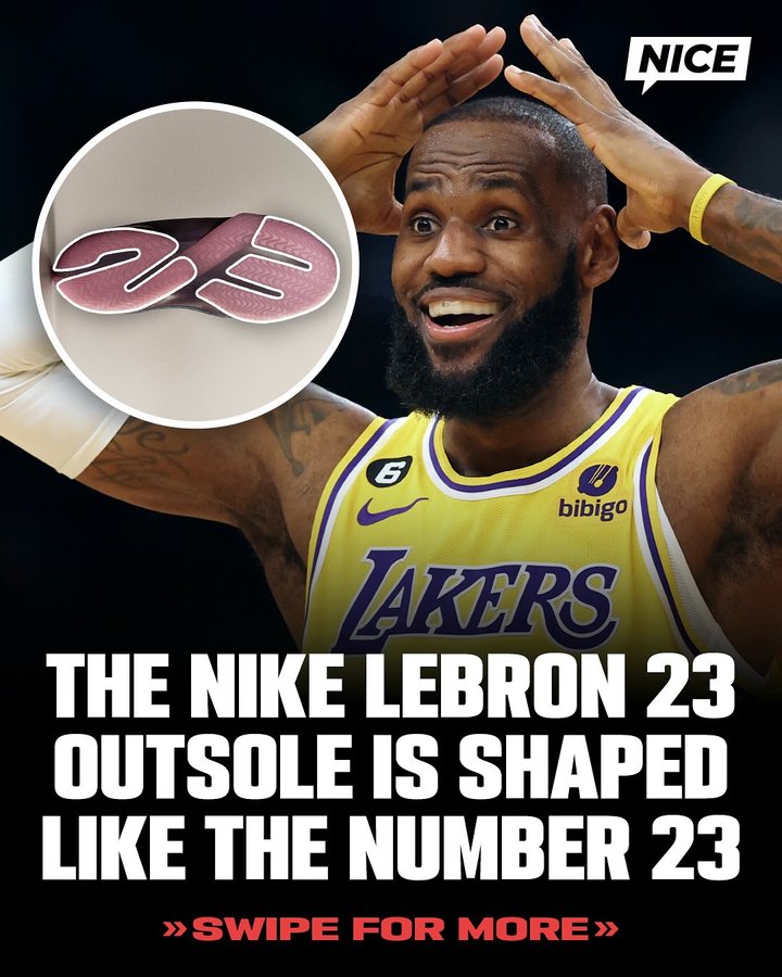 Instagram post by @lbjcenter for Nice Kicks. Caption reads: Nike made the outsole on the Nike LeBron 23 to be....